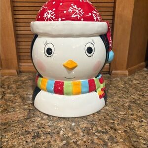 Festive Penguin Cookie Jar with Red Hat and Striped Scarf